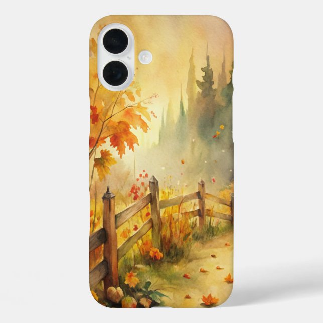Funda iPhone 16 Plus Paisaje de otoño rústico acuarela (Reverso )