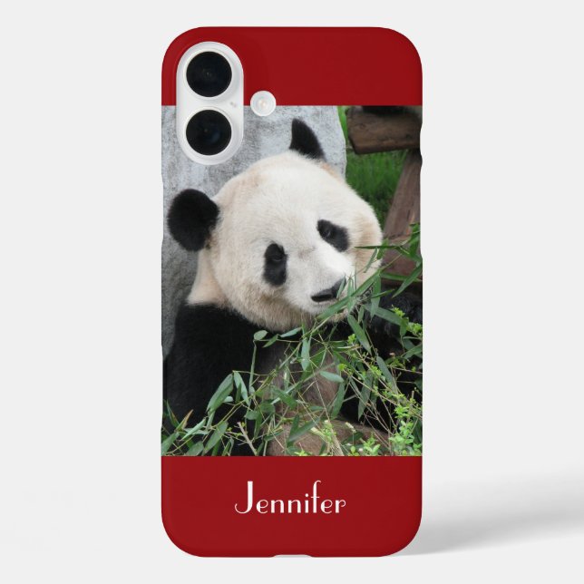 Funda iPhone 16 Plus Panda gigante abrazable, rojo oscuro, nombre (Reverso )