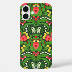 Funda iPhone 16 Plus Pansias rojas, pájaros y mariposas