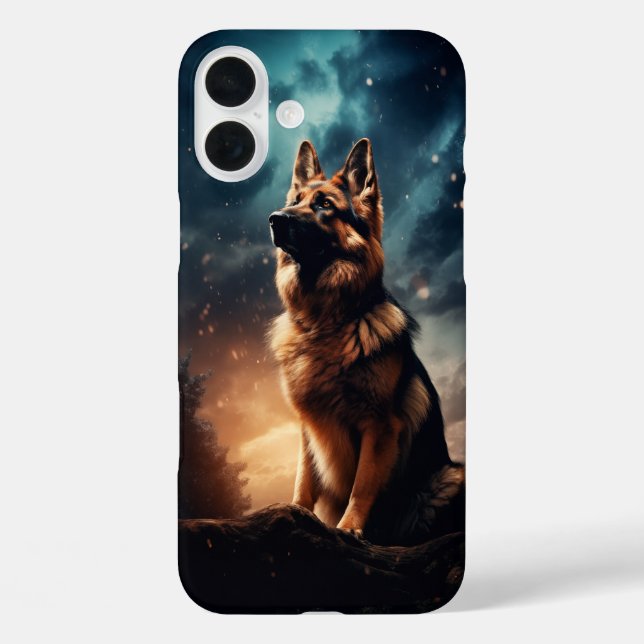 Funda iPhone 16 Plus Pastor alemán bajo cielo de tormenta (Reverso )
