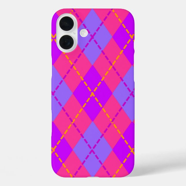 Funda iPhone 16 Plus Patrón argyle azul y rosa brillante (Reverso )
