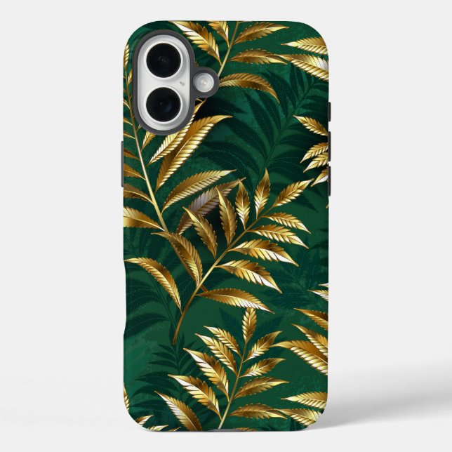 Funda iPhone 16 Plus Patrón continuo con helechos dorados (Reverso )