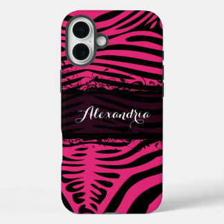 Funda iPhone 16 Plus Patrón de amantes de cebra rosa y negro