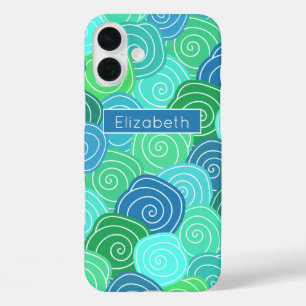 Funda iPhone 16 Plus Patrón de círculos rodantes azul verde personaliza