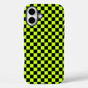 Funda iPhone 16 Plus Patrón de cuadros verde ácido y negro