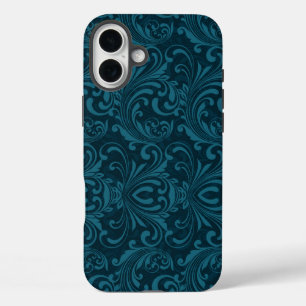 Funda iPhone 16 Plus Patrón de damasco floral azul verdoso oscuro