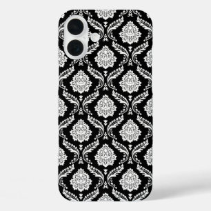 Funda iPhone 16 Plus Patrón de Damasco Rococó Blanco sobre Negro