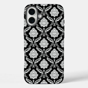 Funda iPhone 16 Plus Patrón de Damasco Rococó Blanco sobre Negro