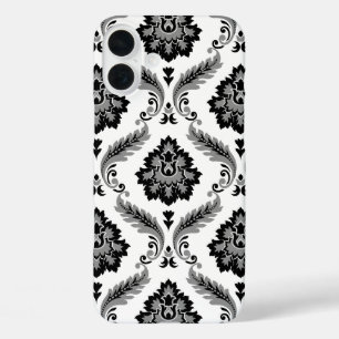 Funda iPhone 16 Plus Patrón de damasco rococó gris negro blanco