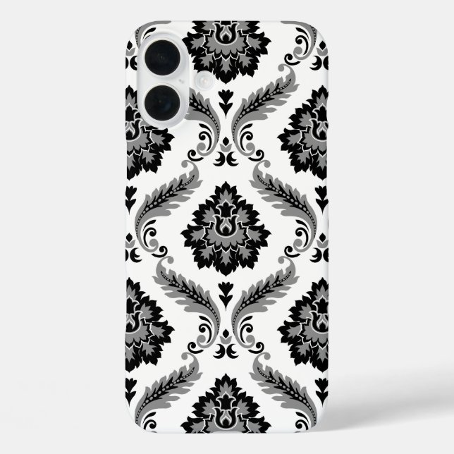Funda iPhone 16 Plus Patrón de damasco rococó gris negro blanco (Reverso )