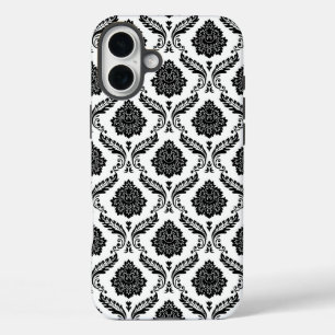 Funda iPhone 16 Plus Patrón de Damasco Rococó Negro sobre Blanco
