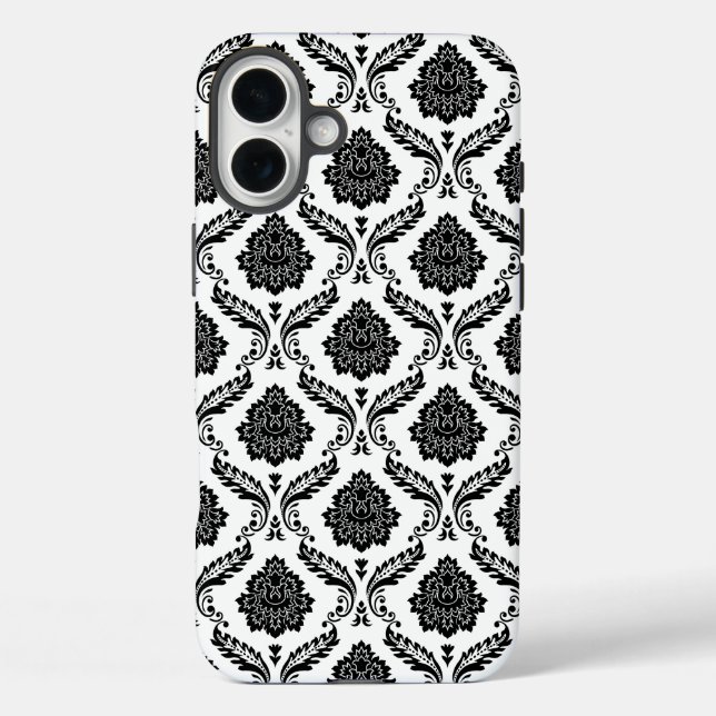 Funda iPhone 16 Plus Patrón de Damasco Rococó Negro sobre Blanco (Reverso )