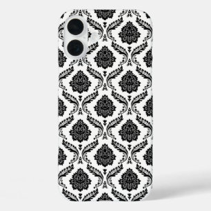 Funda iPhone 16 Plus Patrón de Damasco Rococó Negro sobre Blanco