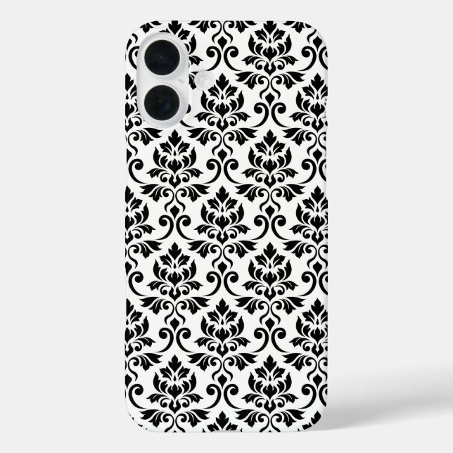 Funda iPhone 16 Plus Patrón de Damask de Feuille negro en blanco (Reverso )