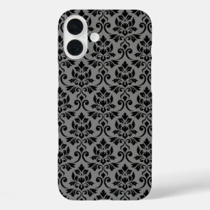 Funda iPhone 16 Plus Patrón de Damask de Feuille negro en gris