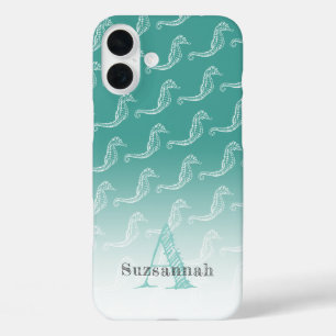 Funda iPhone 16 Plus Patrón de esqueleto de caballito de mar Monograma