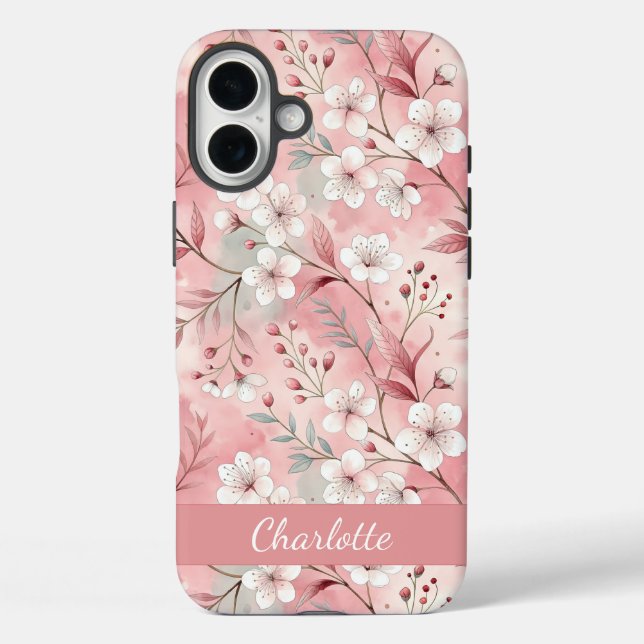 Funda iPhone 16 Plus Patrón de flor de cerezo rosa personalizado  (Reverso )