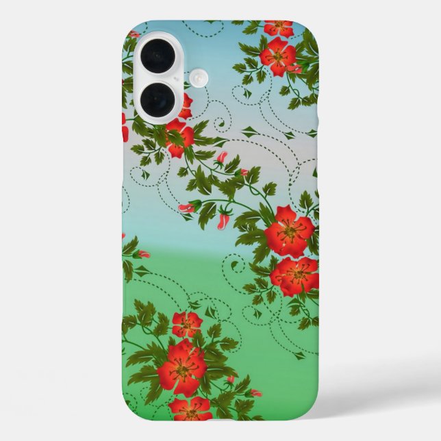 Funda iPhone 16 Plus Patrón de flores rojas y verdes (Reverso )