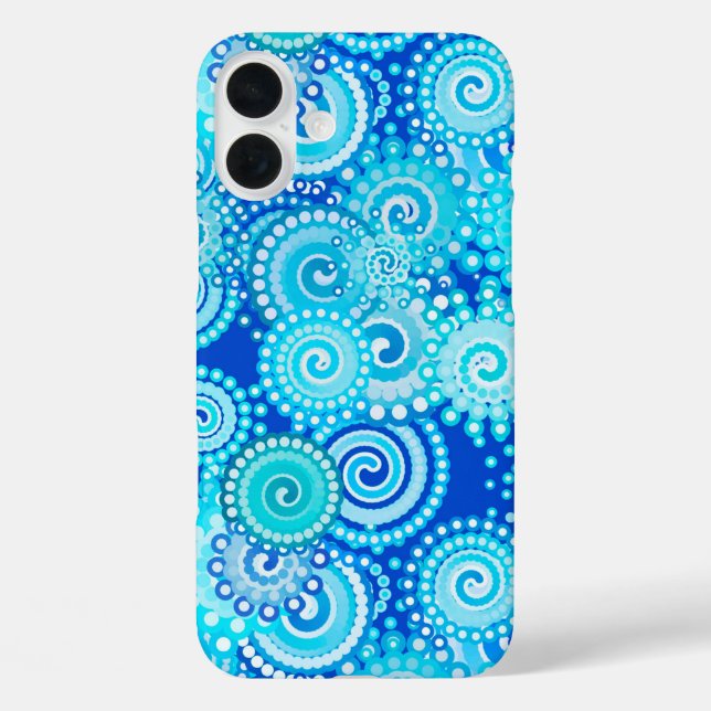 Funda iPhone 16 Plus Patrón de giro fractal, azul cobalto (Reverso )