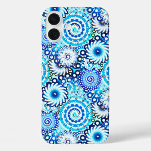 Funda iPhone 16 Plus Patrón de giro fractal, tonos azules