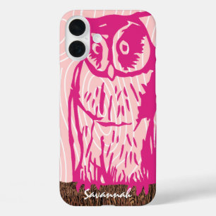 Funda iPhone 16 Plus Patrón de grano de madera de búho rosa elige tu co