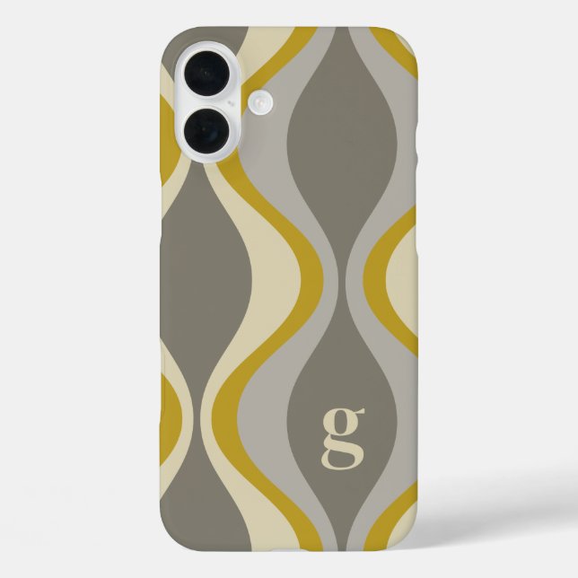 Funda iPhone 16 Plus patrón de groovía retro - monograma - taupe dorado (Reverso )