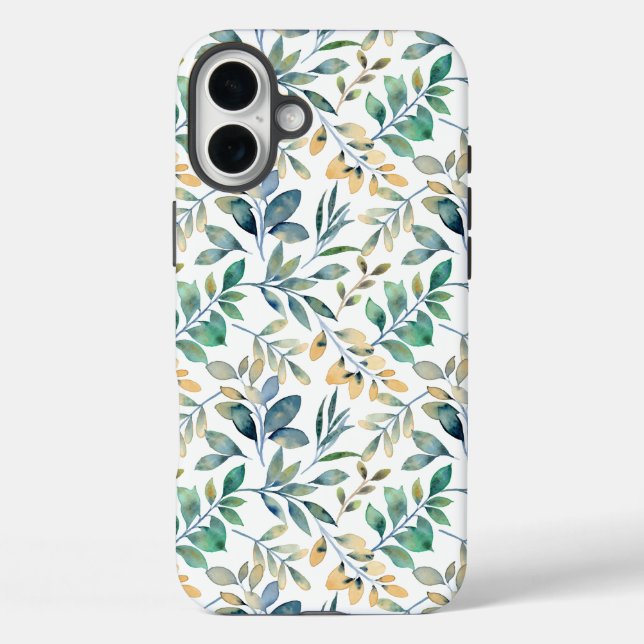 Funda iPhone 16 Plus Patrón de hoja verde y amarillo de acuarela fresca (Reverso )