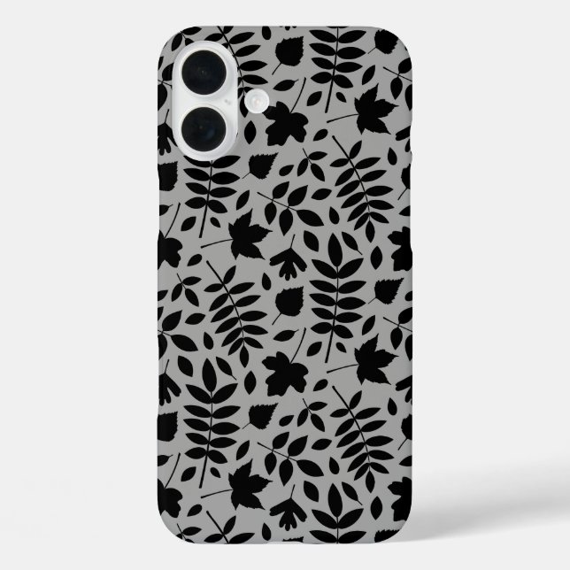 Funda iPhone 16 Plus Patrón de hojas caídas negro sobre gris (Reverso )