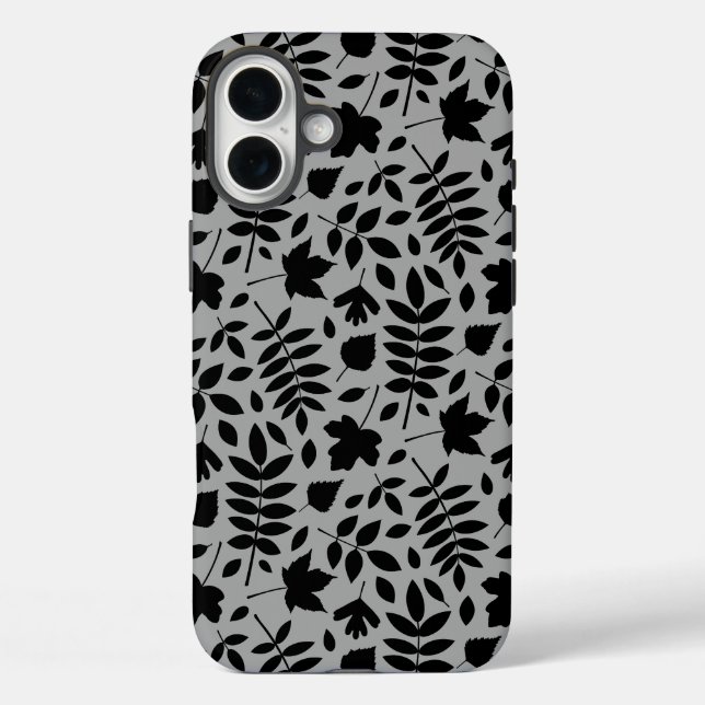 Funda iPhone 16 Plus Patrón de hojas caídas negro sobre gris (Reverso )