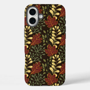 Funda iPhone 16 Plus Patrón de hojas de roble otoñal en granate y amari