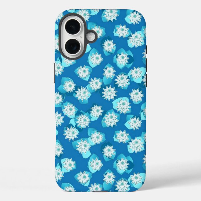 Funda iPhone 16 Plus Patrón de los maníes, turquesa, azul y blanco (Reverso )