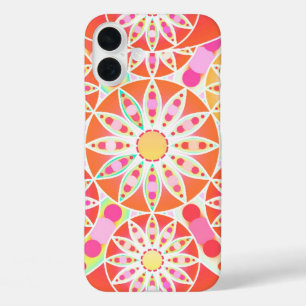 Funda iPhone 16 Plus Patrón de mandala, rojo coral, rosa, dorado