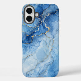 Funda iPhone 16 Plus Patrón de mármol azul con vetas doradas acuarela