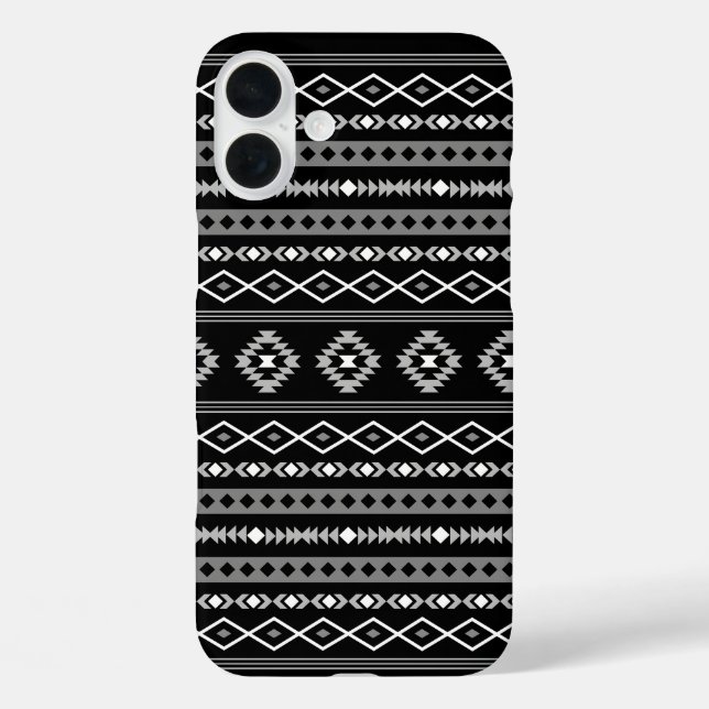 Funda iPhone 16 Plus Patrón de motivos mixtos azteca blanco gris negro (Reverso )