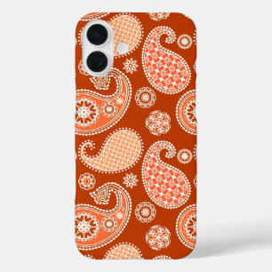 Funda iPhone 16 Plus Patrón de paisley, Naranja mandarín y blanco