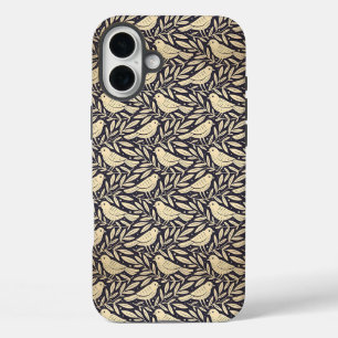 Funda iPhone 16 Plus Patrón de pájaro beige vintage en fondo oscuro