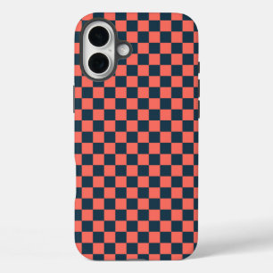 Funda iPhone 16 Plus Patrón de tablero de ajedrez de coral y azul marin