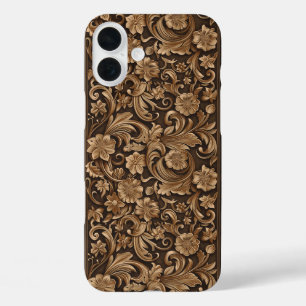 Funda iPhone 16 Plus Patrón de tallado de madera occidental falso en mo