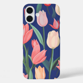 Funda iPhone 16 Plus Patrón de tulipanes.