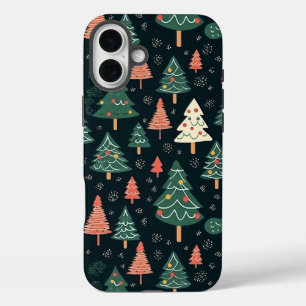 Funda iPhone 16 Plus  Patrón festivo de árbol de Navidad verde y coral 