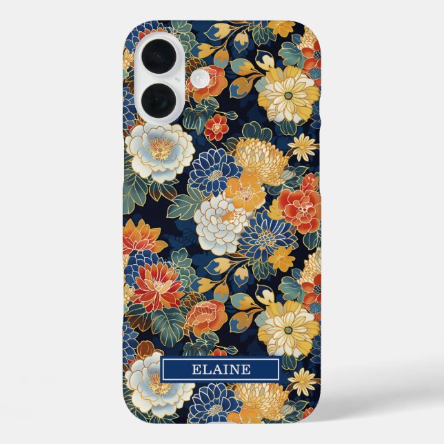 Funda iPhone 16 Plus Patrón Floral Azul Japonés Monogramado (Reverso )