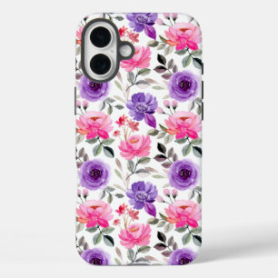 Funda iPhone 16 Plus Patrón floral de acuarela vibrante en rosa y púrpu