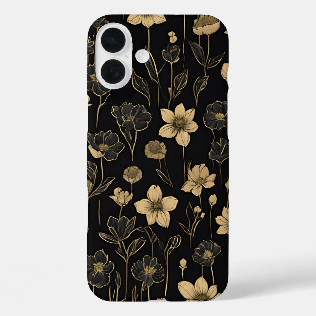 Funda iPhone 16 Plus Patrón floral elegante dorado y negro (Reverso )