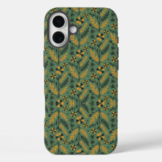 Funda iPhone 16 Plus Patrón floral estilizado botánico de naranja y neg