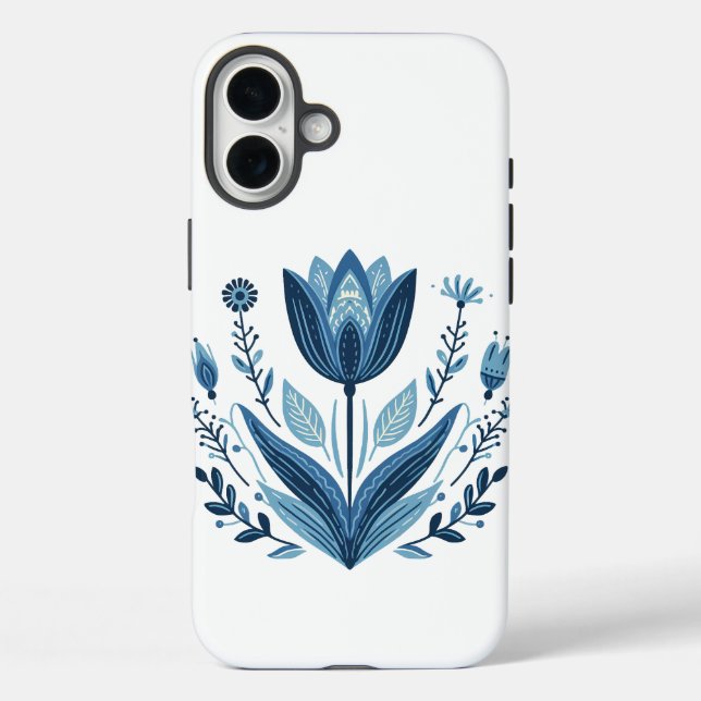 Funda iPhone 16 Plus Patrón floral folicular azul (Reverso )