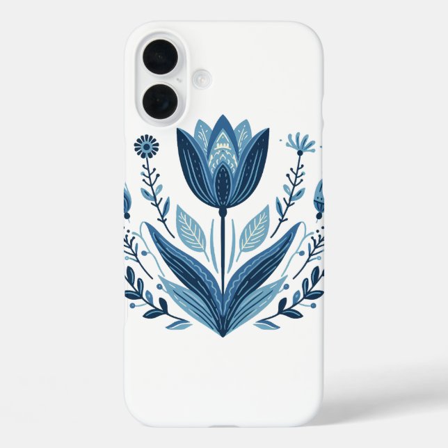 Funda iPhone 16 Plus Patrón floral folicular azul (Reverso )