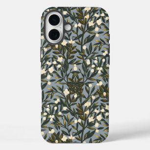 Funda iPhone 16 Plus Patrón floral sobre fondo gris azulado polvoriento