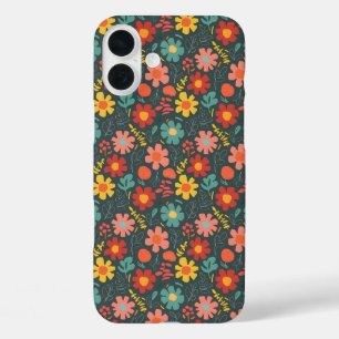 Funda iPhone 16 Plus Patrón floral vibrante en Verde azulado