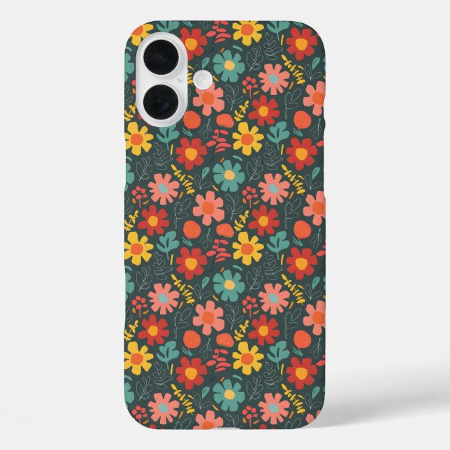 Funda iPhone 16 Plus Patrón floral vibrante en Verde azulado (Reverso )