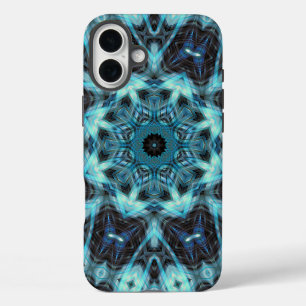 Funda iPhone 16 Plus Patrón geométrico azul con resplandor radiante